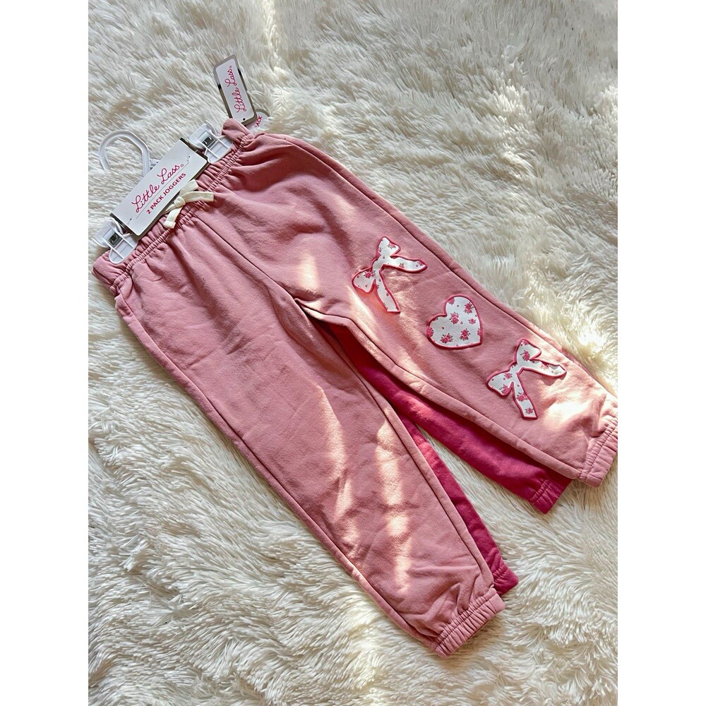 Little Lass Girls 2-Pack Jogger Pants Pink/Mauve Heart Bow Drawstring 4T